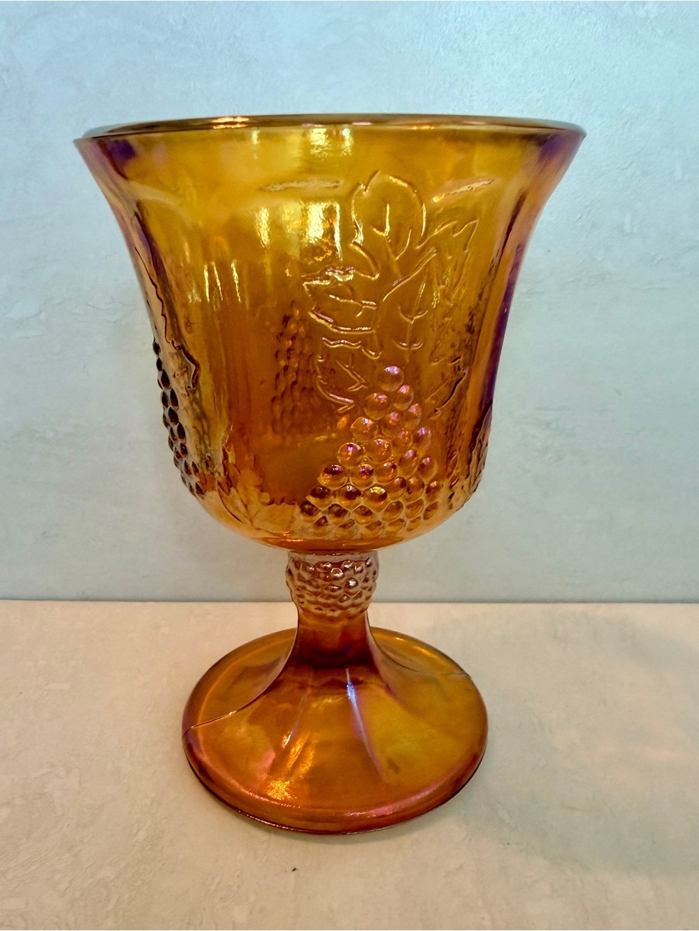 Vintage Indiana Amber Carnival Glass Wine Goblet  “Harvest Grape” Pattern